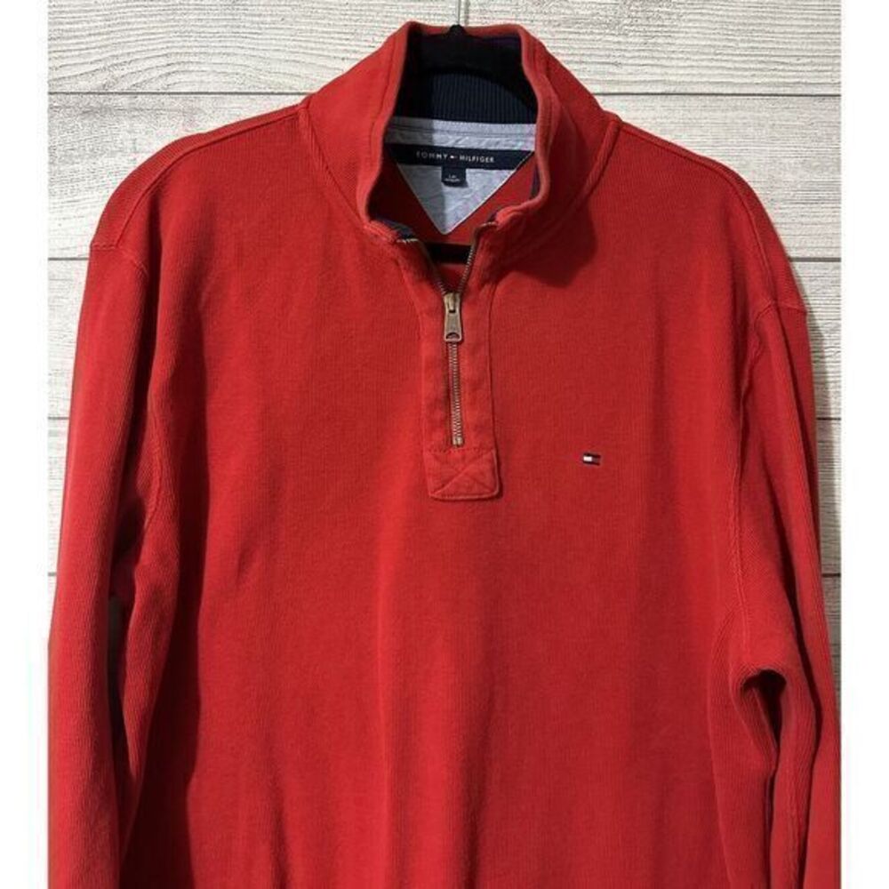 Tommy Hilfiger 1/4 Zip Pullover Sweater Mens Size Large Red Casual Cotton Logo